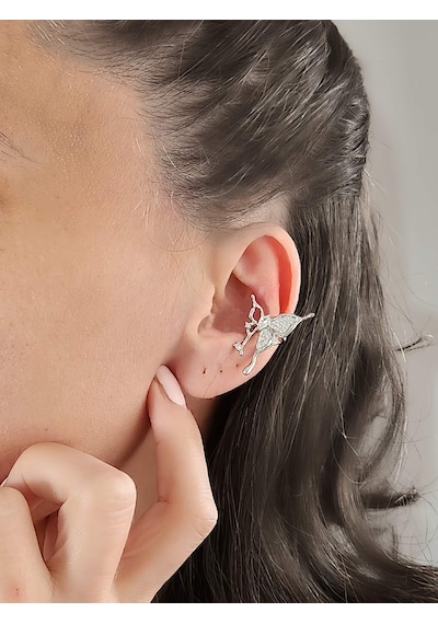 Kelebek Model Sıkıştırmalı Kıkırdak Gümüş Renk Sol Kulak Küpe Silver