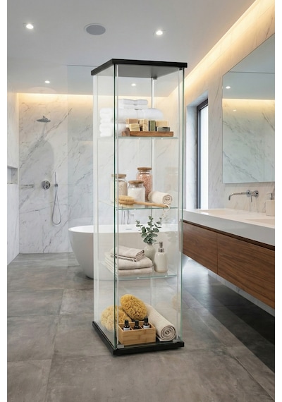 Cam Raflı Kapaklı Düzenleyici Banyo Dolabı Çok Amaçlı Lavabo Malzeme Dolap Havluluk Organizer Siyah-3raf