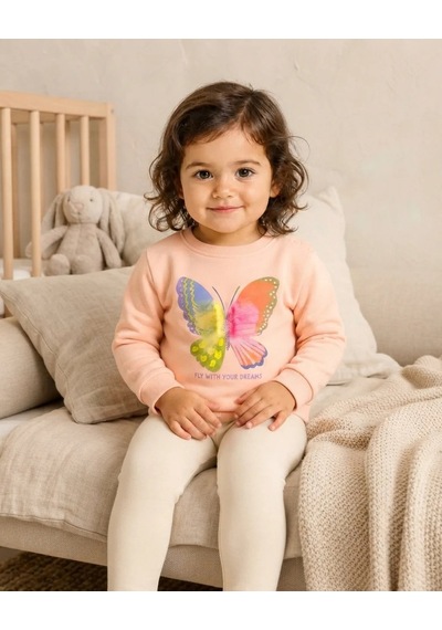 Tuffy Pudra Renkli Kız Bebek Sweatshirt Kelebek Detaylı