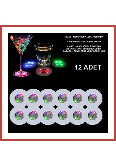 Bezos Renkli Led Işıklı Bardak Altlığı - Dekoratif 12 Adet, Pilli Erdotıca
