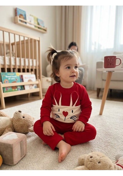 Güneş Kids Kız Çocuk Tavşan Figürlü İkili Takım Kırmızı