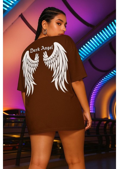 Dark Angel Baskılı Oversize T-shirt Kahverengi