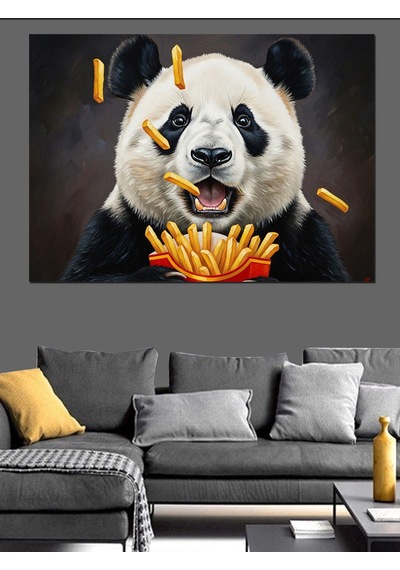 Patates Kızartması Yiyen Komik Panda Dekoratif Kanvas - Mdf Ahşap Tablo