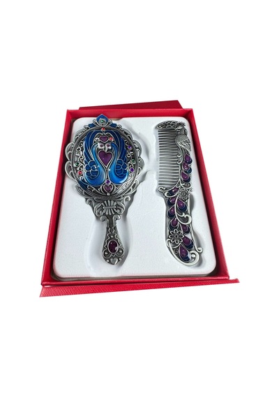 Tavus Kuşu Desenli Vintage Ayna Tarak Seti Özel Tasarım Ve Özel Kutulu 13,5 Cm & 13 Cm Mavi