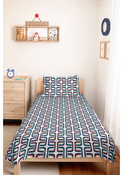 Lacivert Geometrik Genç Odası Tek Kişilik Pike Takımı - Mint Somon Retro 160x220 Cm Yatak Örtüsü Doğal Çayır Baharı