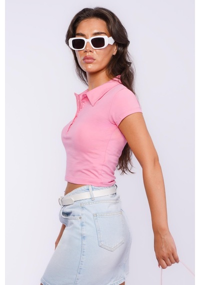Pembe Polo Yaka Basic Kadın Tişört Mg2455 Pembe