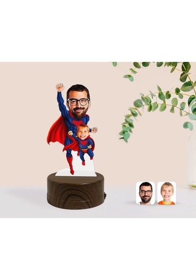 Kişiye Özel Süper Baba Ve Çocuk Karikatürlü Dekoratif 3D Biblo Le