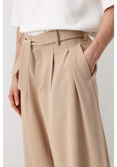 Vamos Barrel Fit Tailored Fit Kemerli Pantolon Bej
