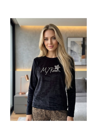 Kadın Uzun Kollu Desenli Exclusive Likralı Kadife Pijama Takımı Leopar