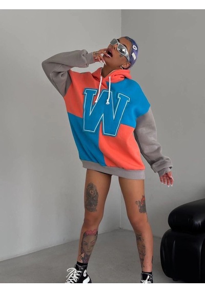 Mbb E-ticaret Kadın W Nakış İşlemeli Kapüşonlu 3 İplik Pamuklu Parçalı Sweatshirt Hoodie - Mavi