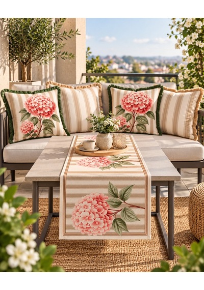 Çizgili Çiçek Desenli Runner + 4 Lü Kırlent Kılıfı Kombin Seti 45 x 45