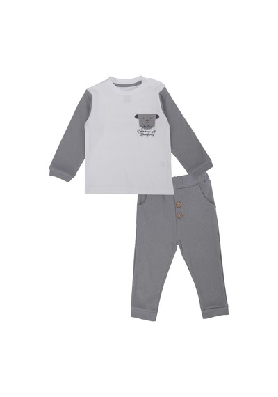 Bebelop Unisex Bebek Raporlu Hayvan Nakışlı Şapkalı 2'li Alt Üst Takım 001