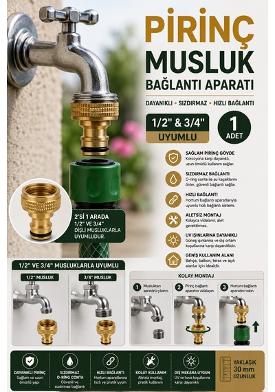 Pirinç Musluk Bağlantı Aparatı 1/2" 3/4" Uyumlu Hortum Adaptörü 1 Adet 3 CM