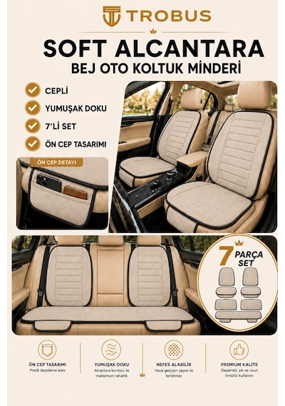 Audi Q2 2016-2020 Üniversal Soft Alkantra Çizgili 7 Parça Oto Koltuk Minderi Bej