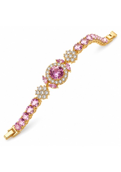 Pembe Zirkon Taşlı Gold Kadın Bileklik - Çiçek Ve Oval Taş Detaylı Tasarım Altın - Pembe