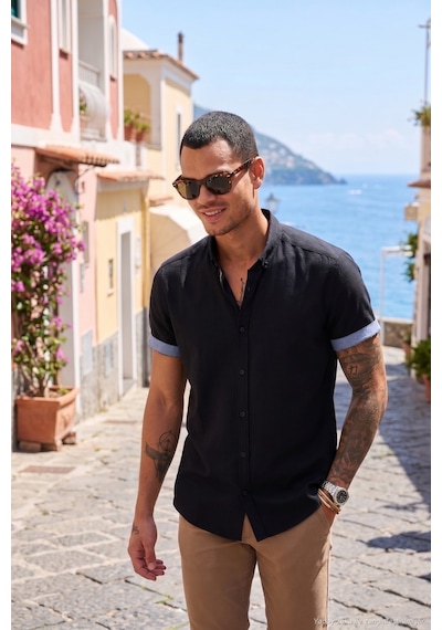 Buratti Pamuklu Slim Fit Düğmeli Yaka Kısa Kollu Erkek Gömlek Cf21S112546 Siyah