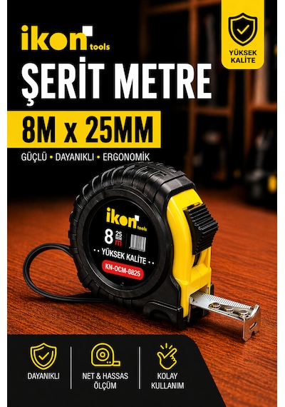 Şerit Metre 8m X 25mm Profesyonel Ölçü Metresi Dayanıklı Gövde Kilitli Mekanizma Hassas Ölçüm 8 M