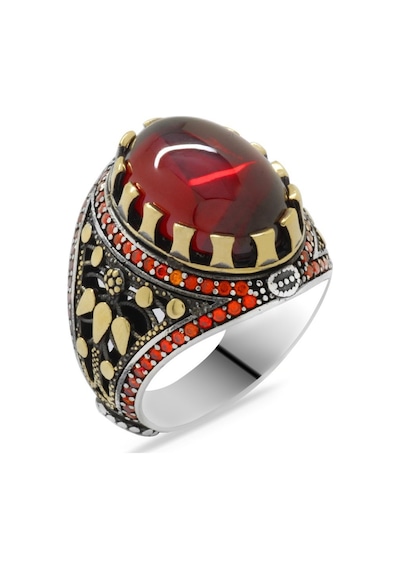 Kırmızı Zirkon Taşlı Oval Tasarım 925 Ayar Gümüş Erkek Yüzük (429371964)