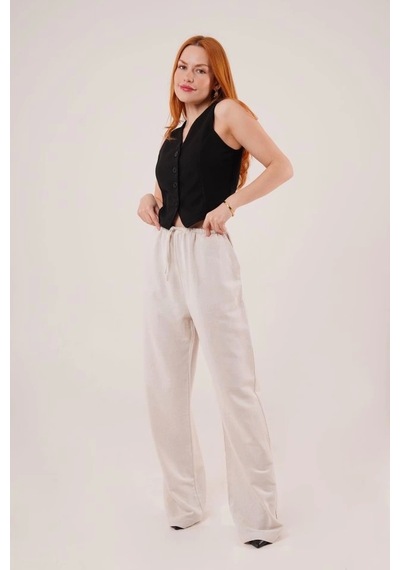 Defymoda Cepli Bağlama Detaylı Keten Ekru Pantolon Ekru