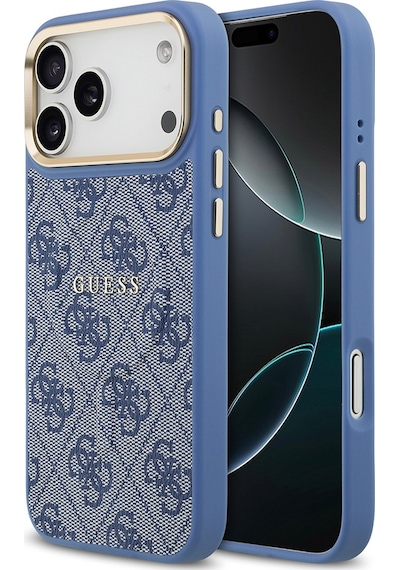 Apple Uyumlu iPhone 17 Pro Max Kılıf Guess M-safe Şarjlı Gold Kamera Çerçeve Pu Deri Yazı Logolu Kahverengi Mavi Mavi