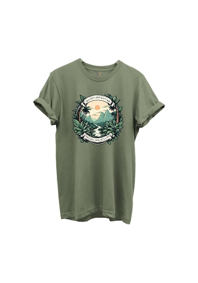 Tropikal Orman Ve Dağ Manzaralı Hunting Doğa Temalı %100 Pamuk Regular Fit Unisex T-shirt Haki