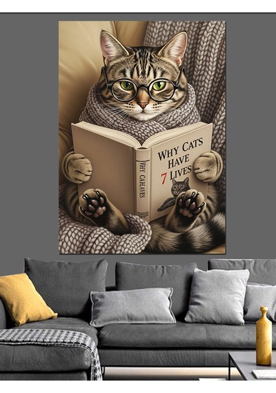 Ahşap Tablo Yatakta Kitap Okuyan Kedi