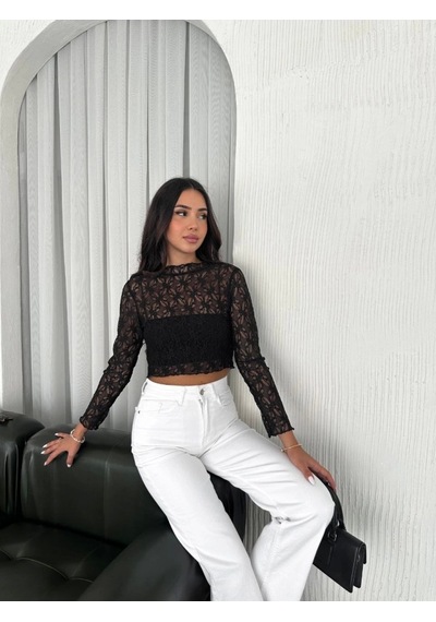 Femina Trendy Dantel Uzun Kol Bluz- Siyah Siyah