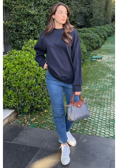 Lacivert Bisiklet Yaka Basic Sweatshirt Mg2185