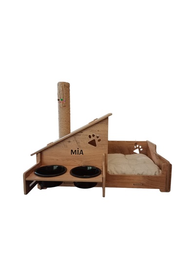 Realwood Ahşap Seramik Kaseli Tırmalama Çubuklu Açık Kapalı Kedi Evi