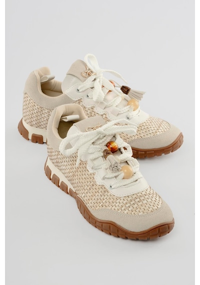 Mubiano Kadın Hasır Sneaker Süet Detaylı Boncuklu Calla Beyaz Beyaz