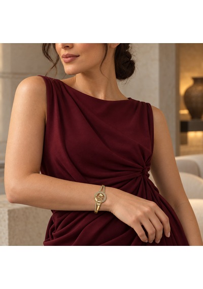 Dora S Shine Aurelia Paslanmaz Çelik Xp Özel Seri Altın Renk Taşlı Halka Ve Zincir Detaylı Kadın Kelepçe Bileklik - 60 Numara 17,5 - 19 Cm Renkli
