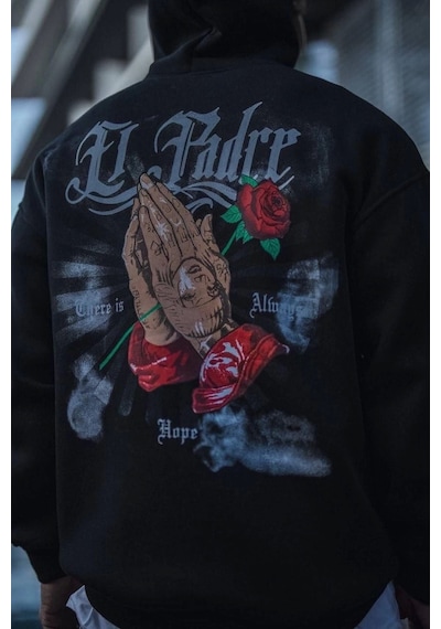 Üç İplik Penye Kapşonlu Baskılı Sweatshirt - Siyah Siyah