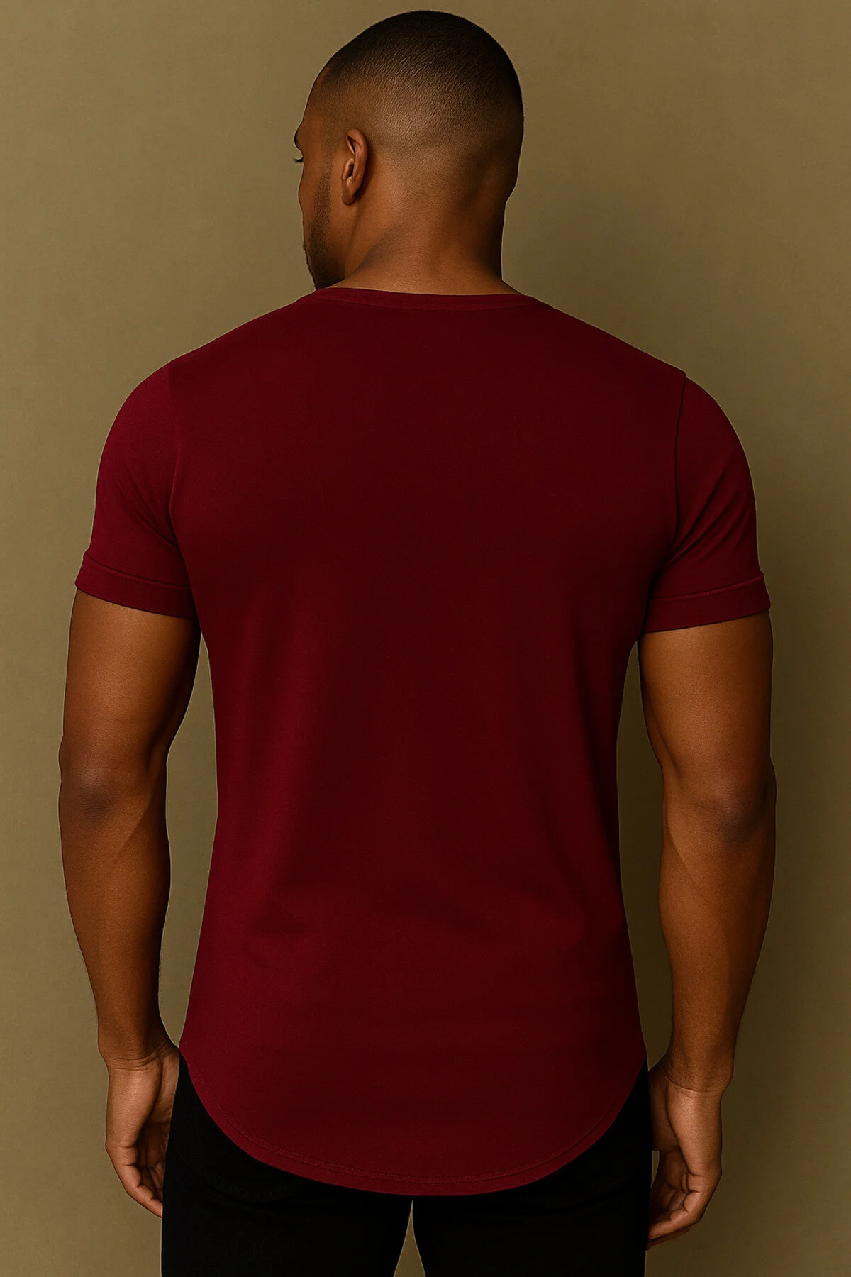 Premium Kalite Erkek Bordo Geniş Yaka Tam Likralı Alt Oval Slim Kesim Tişört T-shirt Bordo