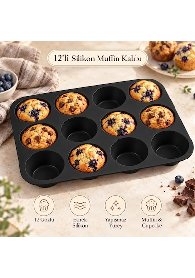 Tilbe Home 12'li Silikon Muffin Kalıbı Siyah Cupcake Mini Kek Browni Kurabiye Tatlı Pişirme Tepsisi Esnek Tek Parça Yuvarlak Bölmeli Porsiyonluk İkram Tilbe Home 12'li Silikon Muffin Kalıbı Siyah Cupcake Mini Kek Browni Kurabiye Tatlı Pişirme Tepsisi Esnek Tek Parça Yuvarlak Bölmeli Porsiyonluk İkram