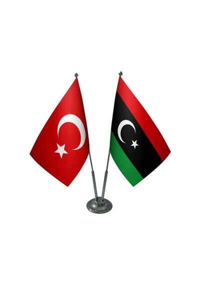 Masa Üstü'libya Bayrağı Türk Bayrağı İkili Krom Direk Masa Bayrak