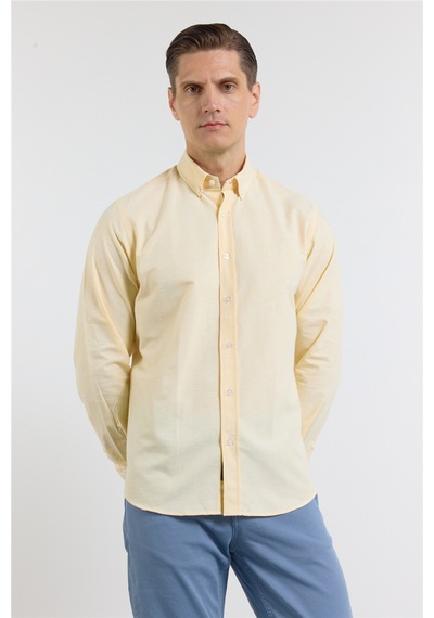 İmza Sarı Oxford Düğmeli Yaka Uzun Kol Cepsiz Slim Fit Pamuklu Gömlek 1004260182