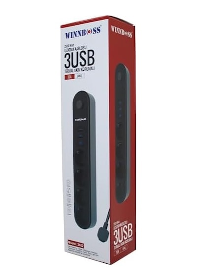 Chermik Wınnboss-3402 Termal Akım Korumalı 4lü Priz 3x Usb 2mt Anahtarlı Uzatma Kablo Siyah 10a & 2500w 40