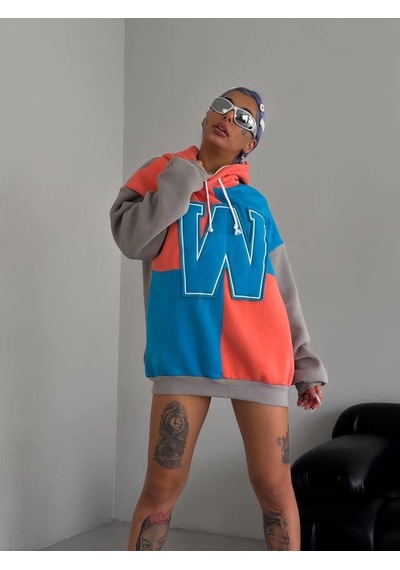 Mbb E-ticaret Kadın W Nakış İşlemeli Kapüşonlu 3 İplik Pamuklu Parçalı Sweatshirt Hoodie - Mavi