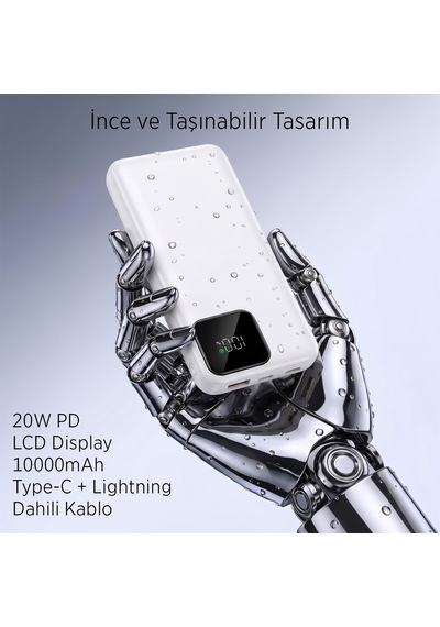 S-link Ip-g16l 10000mah Pd20w Type-c+lightning Kablolu Beyaz Lcd Taşınabilir Pil Şarj Cihazı Powerbank