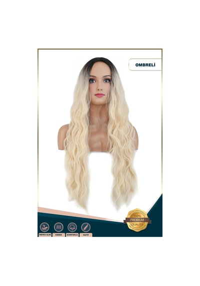 Uzun Su Dalgası Fiber Sentetik Peruk - Kahve / Platin Ombre
