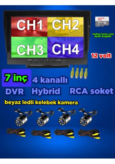 4 Beyaz Ledli Kelebek Kamera 7 İnç Qled Ips Hybrid 256 Gb Dvr Monitör Seti - 12 Volt