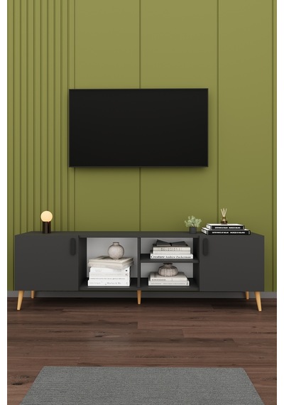 Asra Trend Tv Ünitesi T-12 %100 MDF 180 cm Tv Sehpası Dolaplı Raflı Koyu Gri