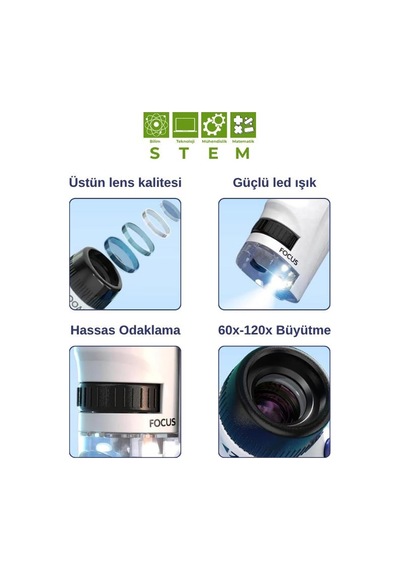 Temel Taşınabilir Işıklı Stantlı Çocuk Mikroskobu 60x 120x, Stem Eğitim Ve Keşif Seti