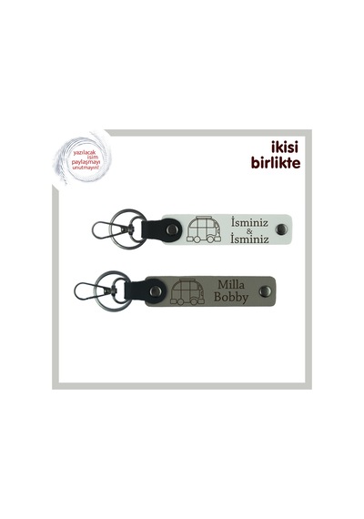 Karavanda Geçen Günleri Anlatan Hediye, Kişisel Anahtarlık 2 Li Set, Adınızı Yazdırın, Beyaz-kül Gri