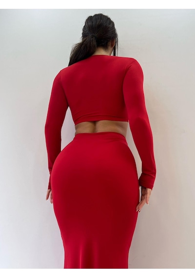 Pink Life Kırmızı Tokalı Yırtmaçlı Maxi İkili Takım Kırmızı