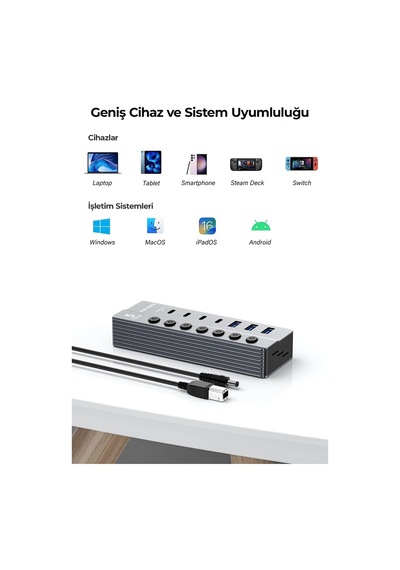 Ven-dens Vd-adp050 7 Portlu Usb Çoklayıcı Hub, 3 Usb-a Ve 4 Usb-c, 5 Gbps Veri Aktarımı, Gri