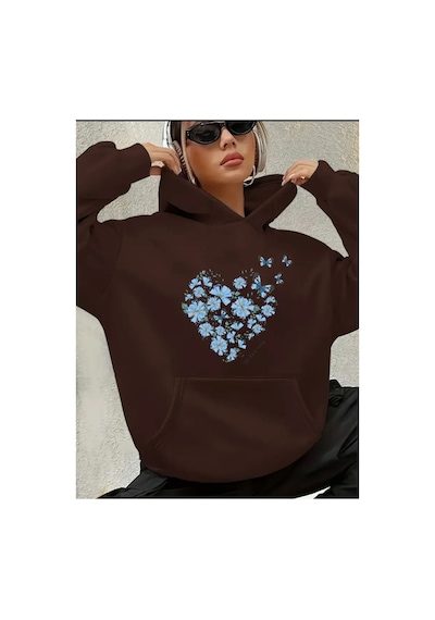 Herkesemoda Baskılı İçi Polarlı Sweatshirt Kahverengi
