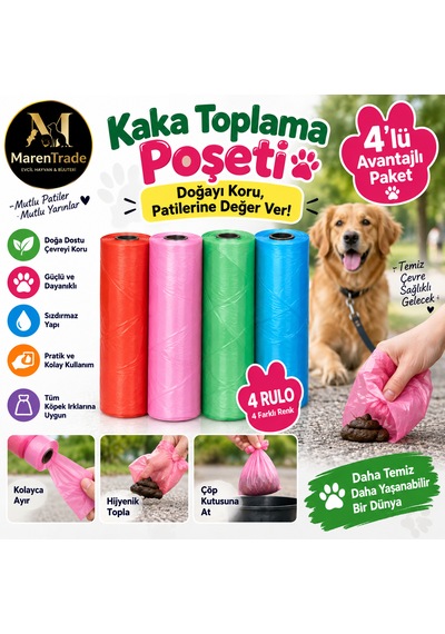 4 Lü Kaka Torbası Seti Dayanıklı & Sızdırmaz Köpek Dışkı Poşeti Renkli Rulo Paket