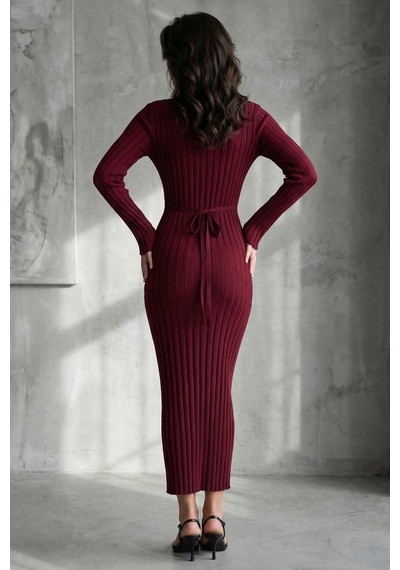Bordo Vücuda Oturan Fitilli Triko Midi Kadın Elbise Mg2691 Bordo