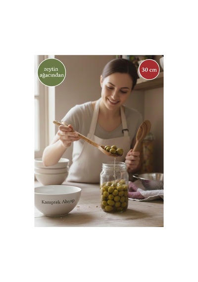 Kamptek Ahşap - %100 Doğal Zeytin Ağacı Delikli Mutfak Kaşığı 30 Cm Ahşap